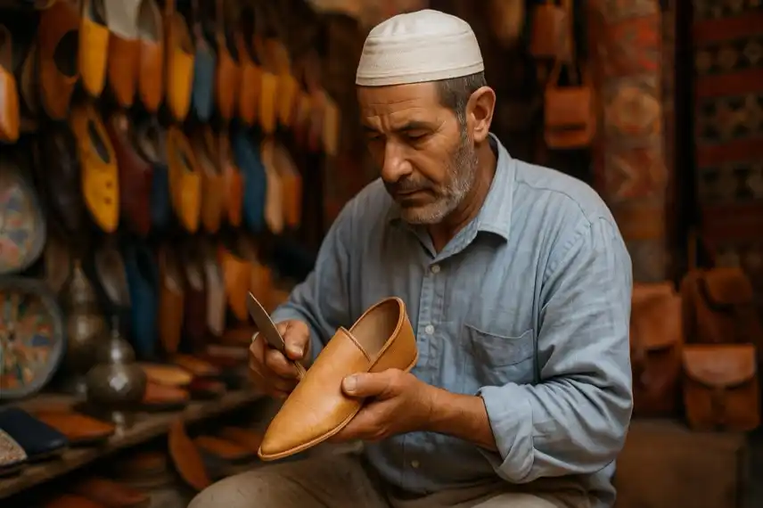 Marokkanischer Handwerker beim Anfertigen traditioneller Leder-Babouches in einem Souk – Symbolbild zur marokkanischen Handwerkskunst.
